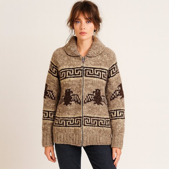 Vintage TUAK Cowichan Eagle Design Hand Knit 100% Wool Zip Cardigan Sweater - Picture 1 of 10